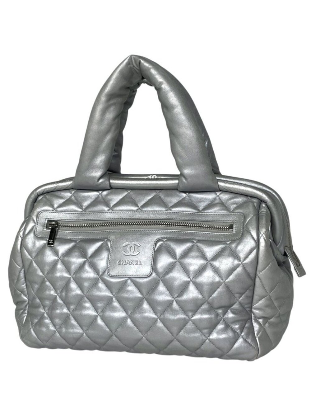 Chanel CC Logo CC Boston Bag Leather Silver